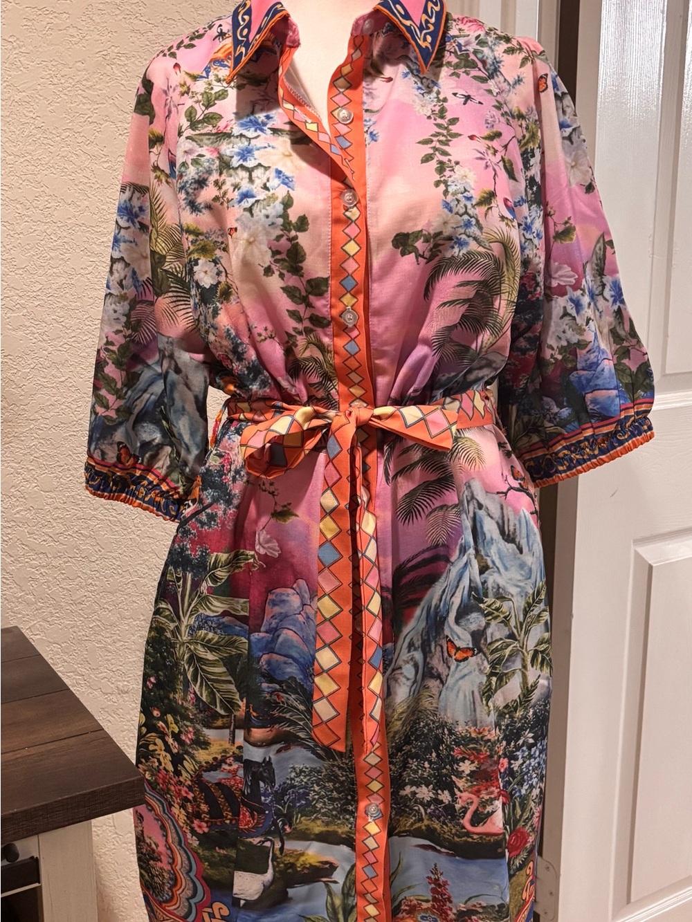 💕HALFHEART!!!Pink Tropical Print Shirt Dress with Belt and pockets!!!!!!
